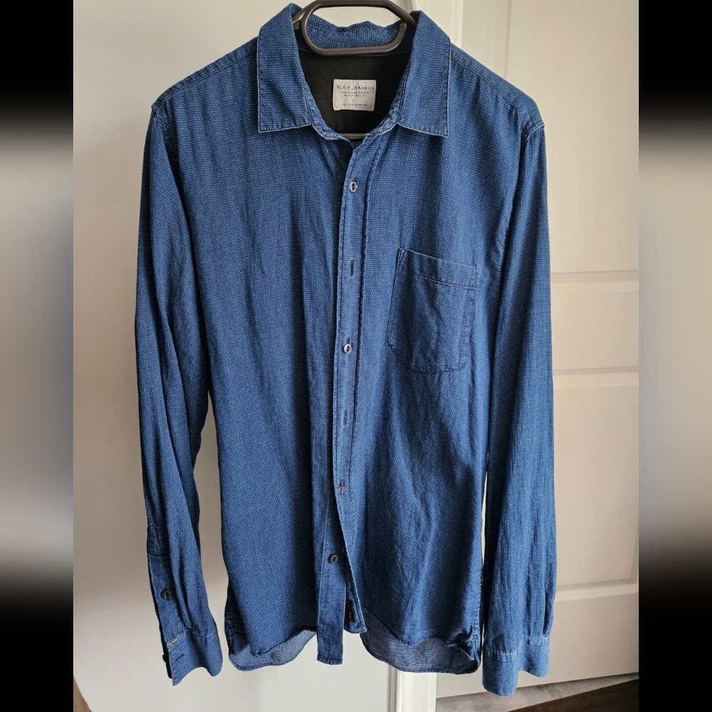 Nudie Jeans Men's Collared Blue Shirt Front Chest Pocket Poka Dot Size M